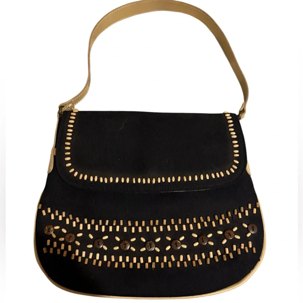 Vintage Liz Claiborne black canvas and wood bead shoulder bag. Brand new wo tags - Picture 1 of 4